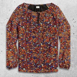 J.Crew Blouse Long‎ Balloon Sleeves Tie Neck Elastic Cuffs Floral Multicolor XS